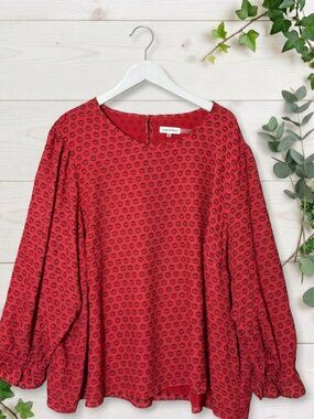 Calvin Klein Top 3X Plus Red Polka Dot Poet Sleeve Office Mature Holiday